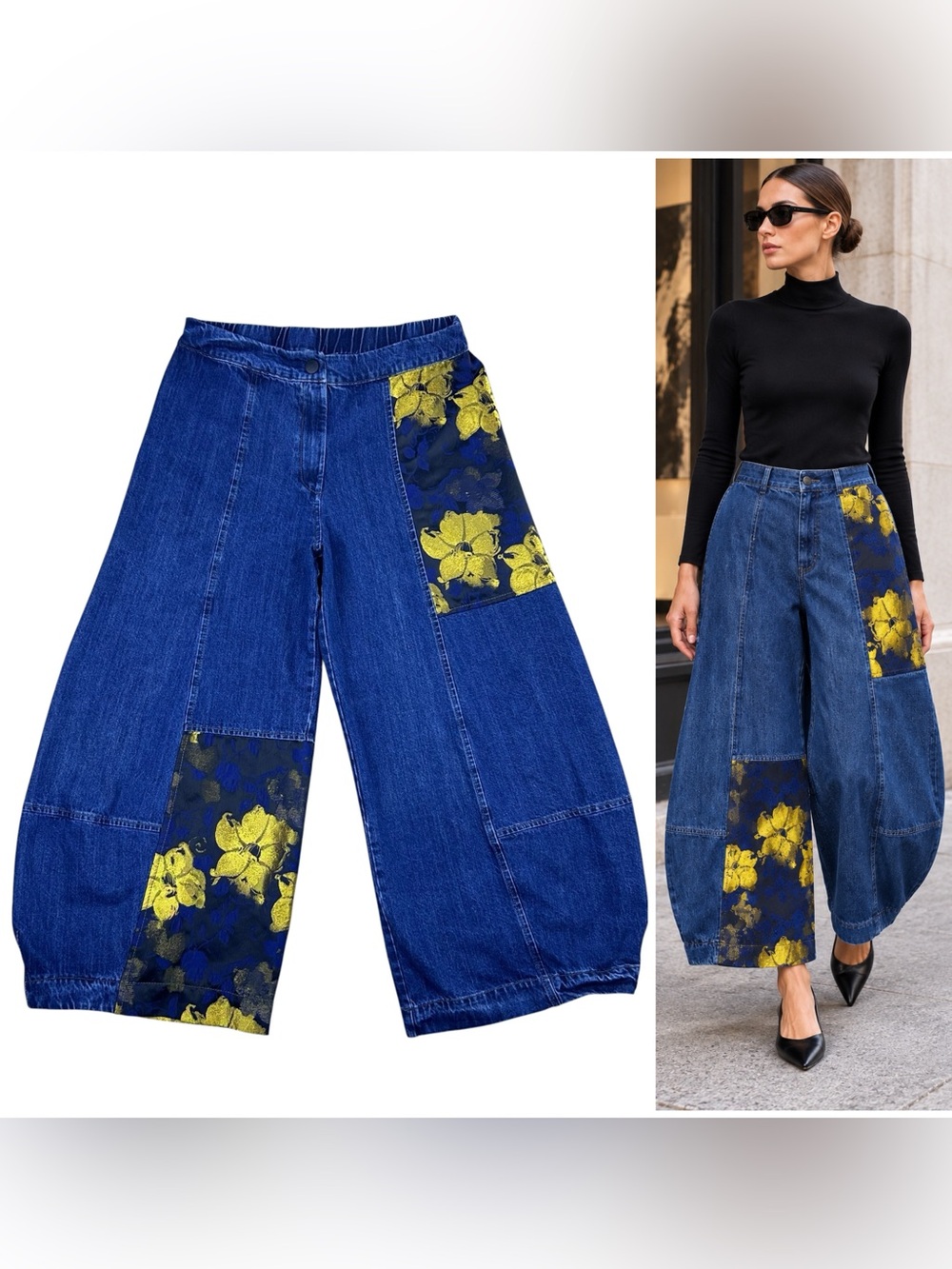 Alembika Punto Jeans US 10 Floral Jacquard Denim Balloon Pants Lagenlook Boho